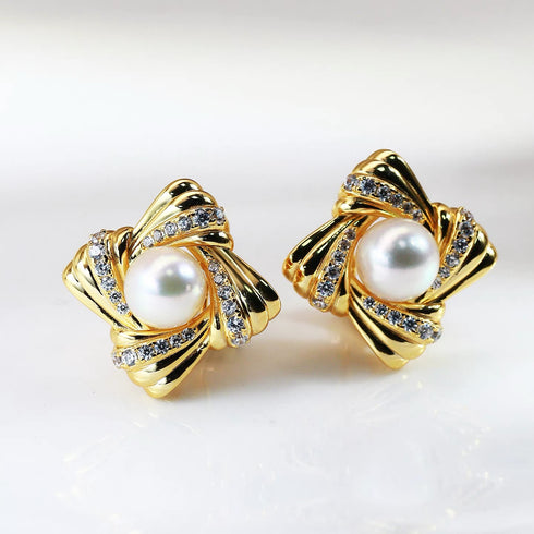 Twisting Square Zirconia Pearl Gold Stud Earrings – Vintage Luxury